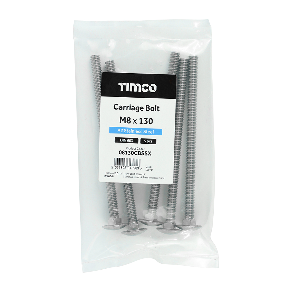 Carriage Bolts - A2 Stainless Steel M8 x 130-5PCS